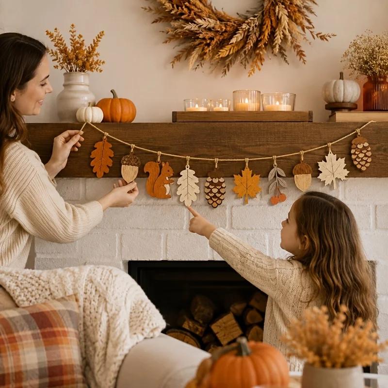 Thanksgiving Harvest Fall Wooden Banner Ornaments, Maple Squirrel Acorn Pinecone Hanging Decorations, Window Decor