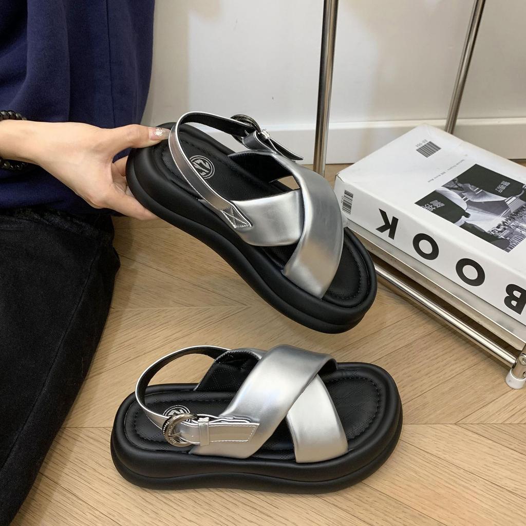 Silver platform casual word with sandals women's 2025 summer new fashion Internet celebrity viral trends Roman shoes