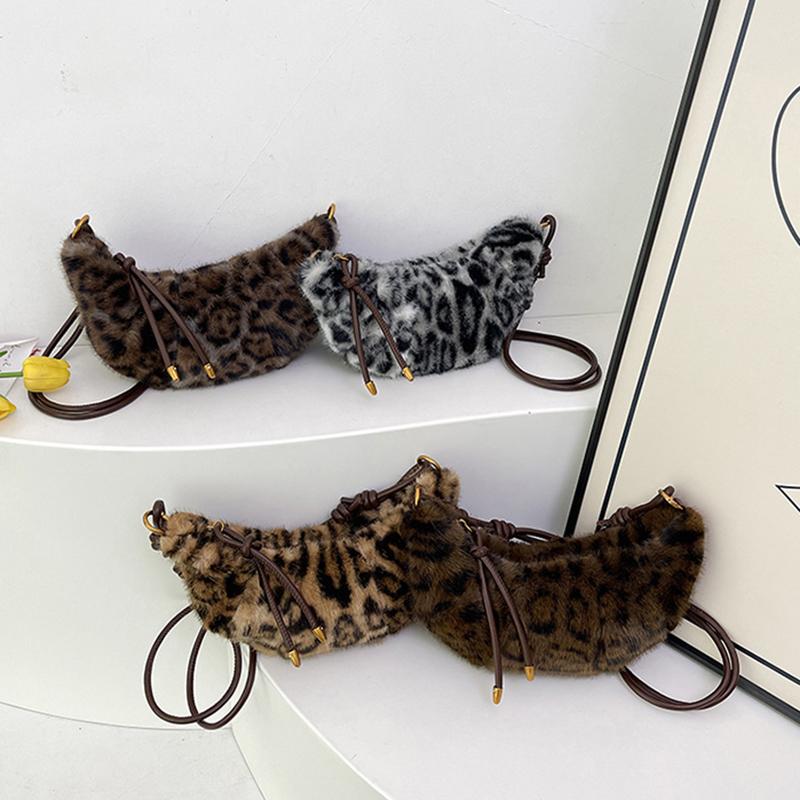 Leopard Print Faux Fur Shoulder Bag Vintage Women Plush Warm  Adjustable Strap Crossbody Bag CLE