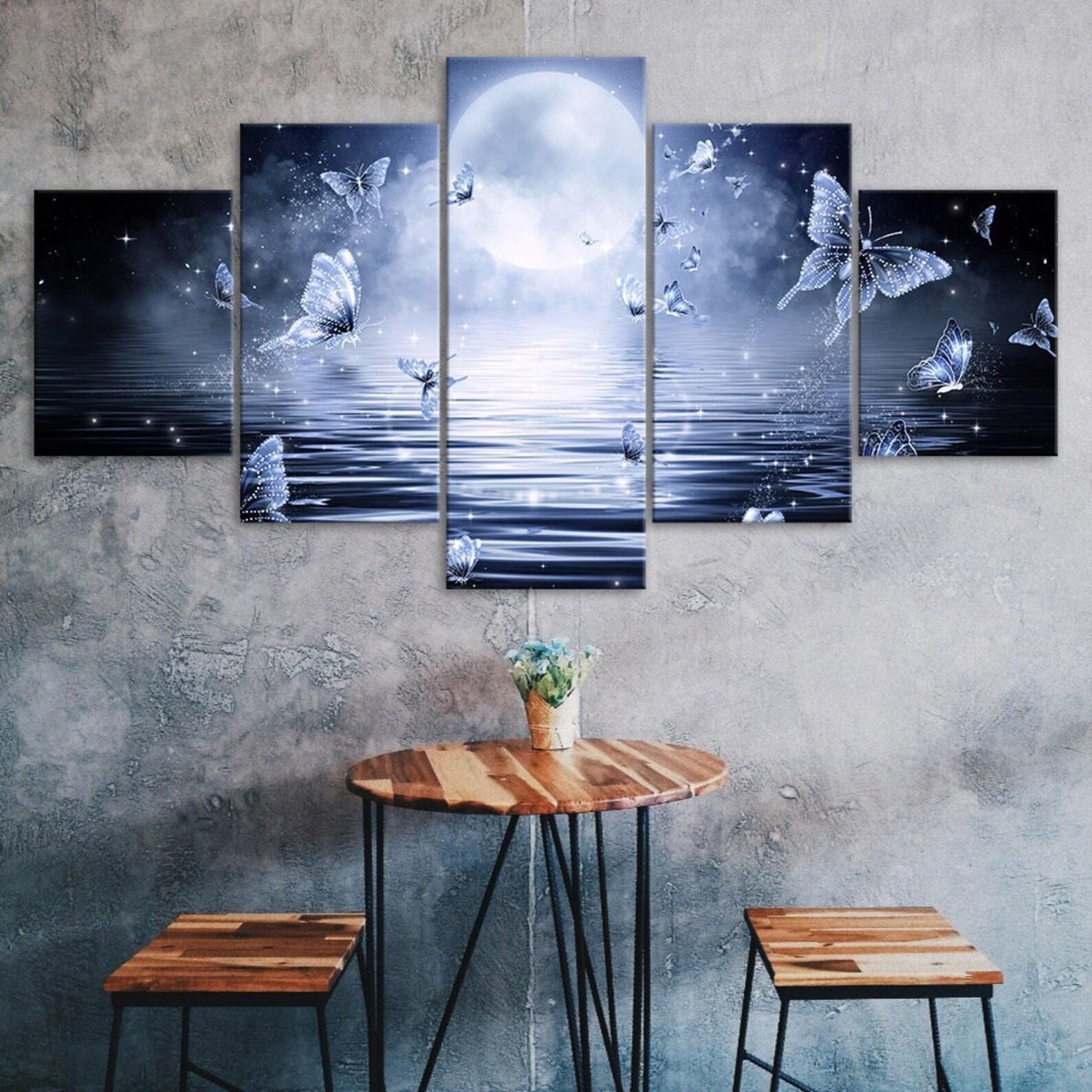 

Abstract Butterfly Full Moon Ocean Night View 5 Piece Five Panel Wall Canvas Print Modern Art Poster Home Decor Gift For Him For Her 20X35 20X45 20X55CM