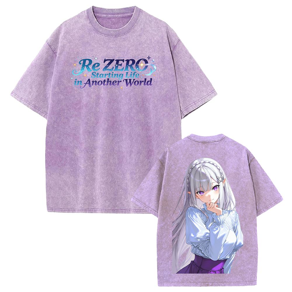 Hot Anime Re ZERO Emilia Kawaii Graphic Tee Men Women Short Sleeve Clothing Washed Cotton Tshirt Casual T-shirt Vintage T Shirt