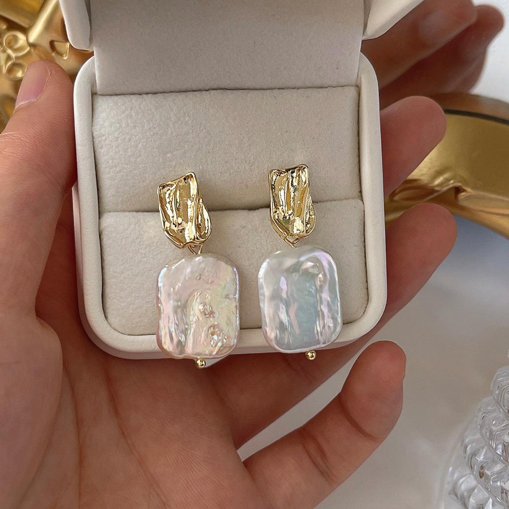 New Arrival Fashion Square Baroque Freshwater Pearl 14K Gold Filled Female Tassels Stud Earrings Original  For Women