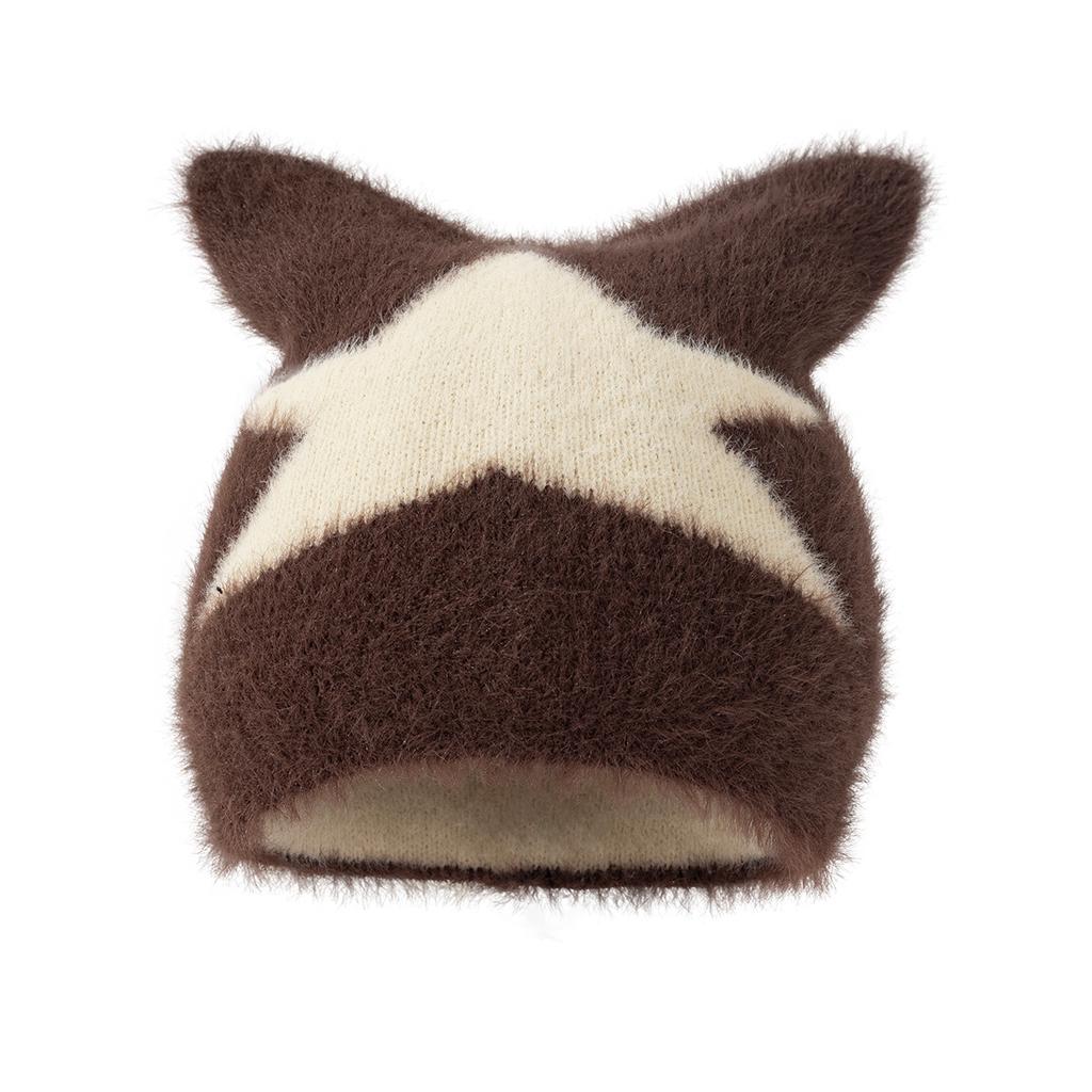Cat Ears Bag Head Warm Windproof Cold Soft Waxy Hat Knitted Hat Winter Five-Star Hat
