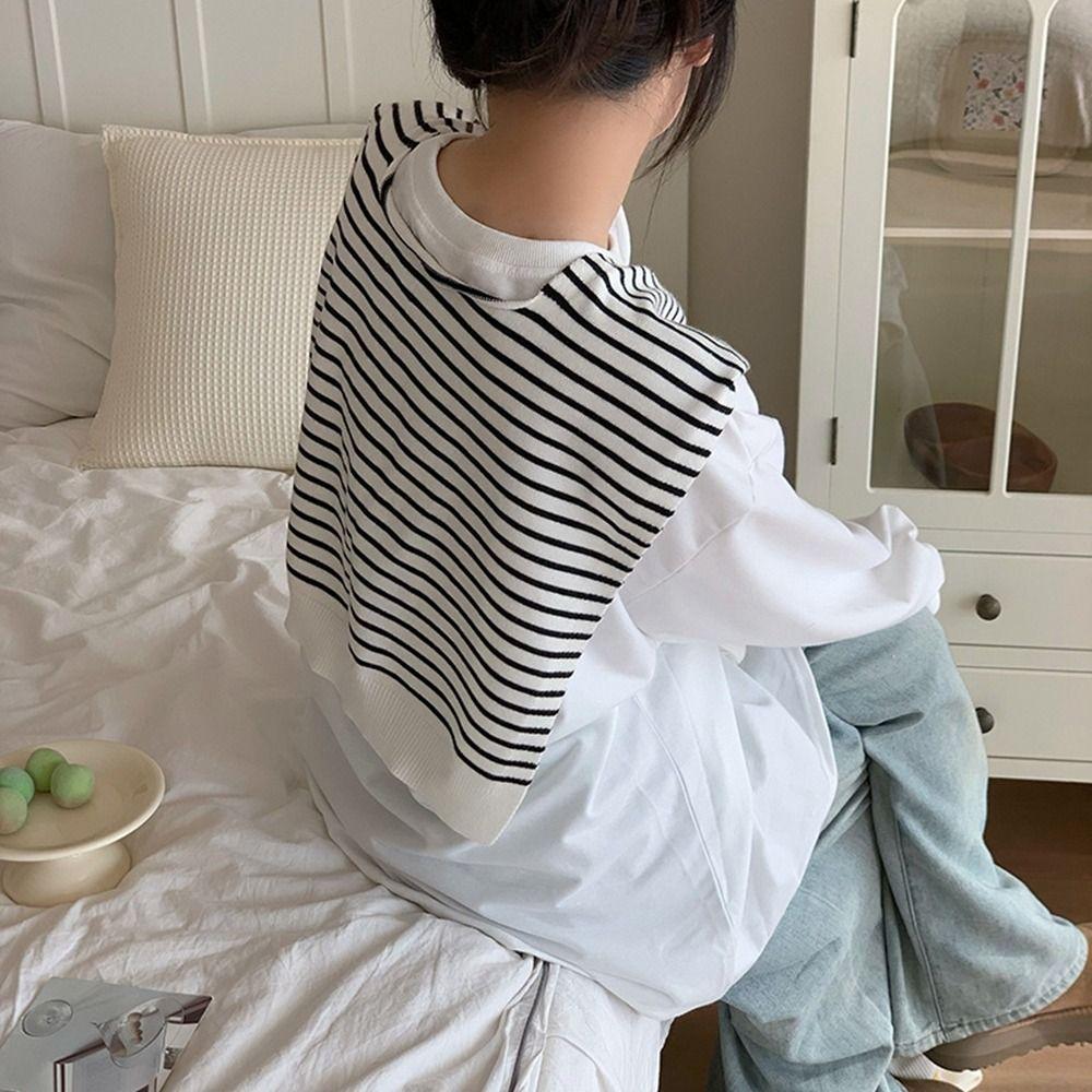 

Cape Stripe Knitted Shawl Solid Color Wool Scarves Retro Knit Scarf Female білий