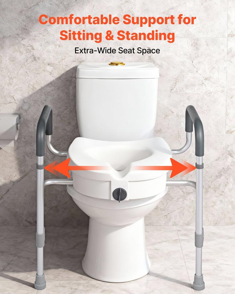 Raised Toilet Seat with Arms, 159 kg Capacity, 127 mm Lift Height & Adjustable Width, Widened Commode Elevated Toilet Seat Riser with Handles for