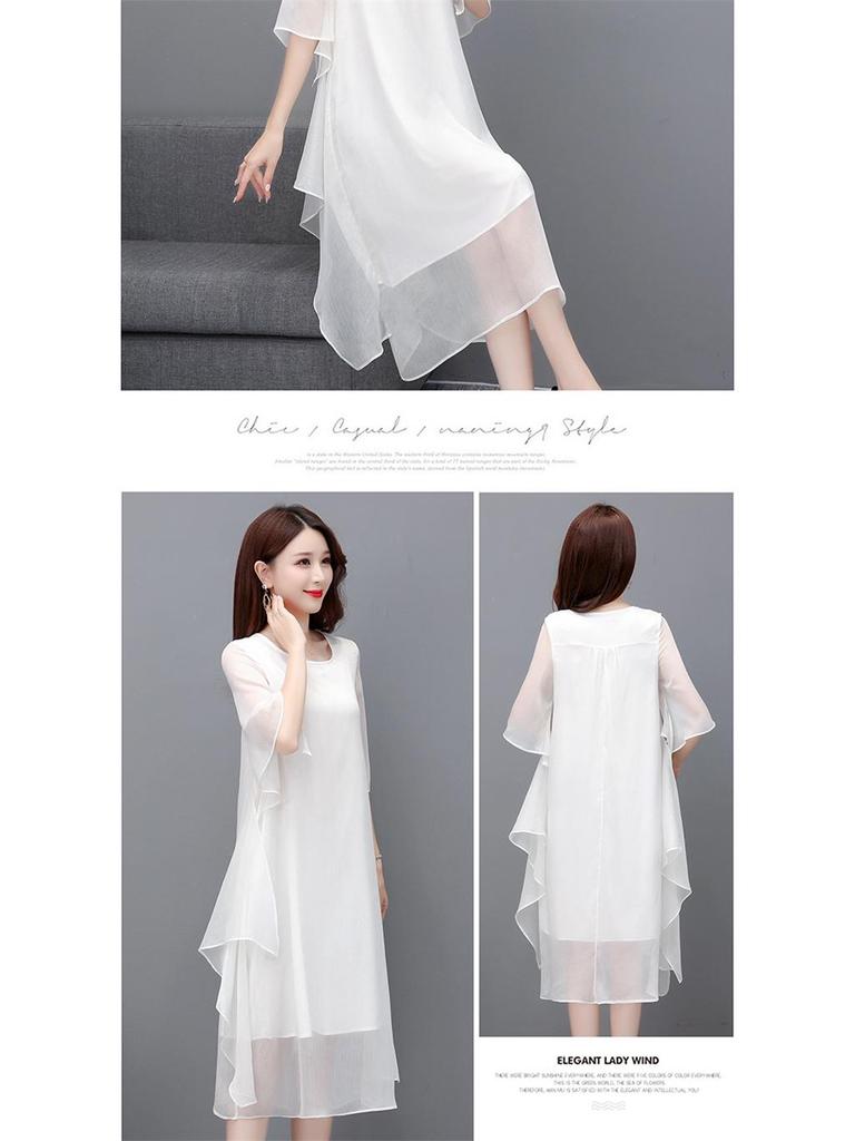 Women's Summer 2023 Silk Crepe A-line Dress: Mid-length, Solid Color, Loose Fit, Tummy-Covering, Fashionable and Elegant.