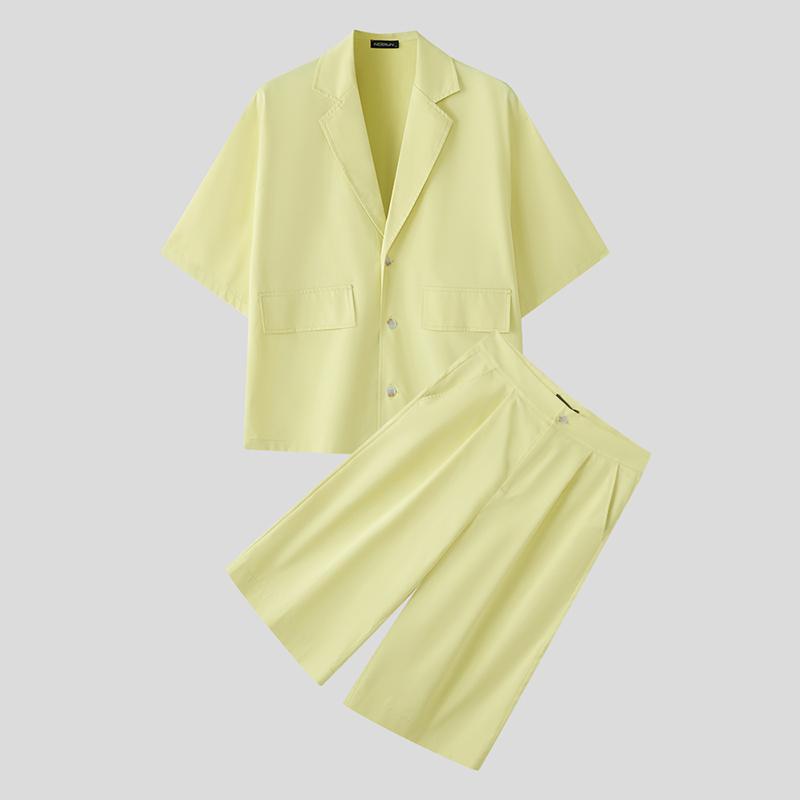 

INCERUN Костюм из двух частей, летние мужские рубашки с коротким рукавом, брюки-капри, комплекты одежды 4XL