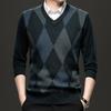 Men S V Neck Long Sleeve Knit Sweater Business Casual Diamond Pattern Pullover
