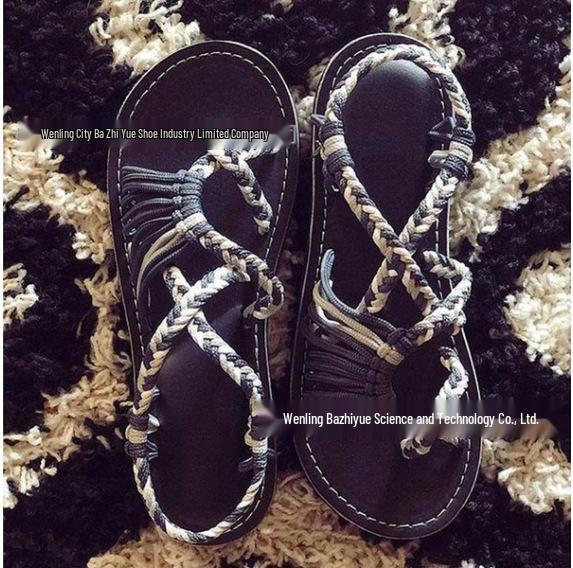 Women's Plus Size Color Block Knot Flat Sandals - 2025 New European & American Beach Toe Loop Style