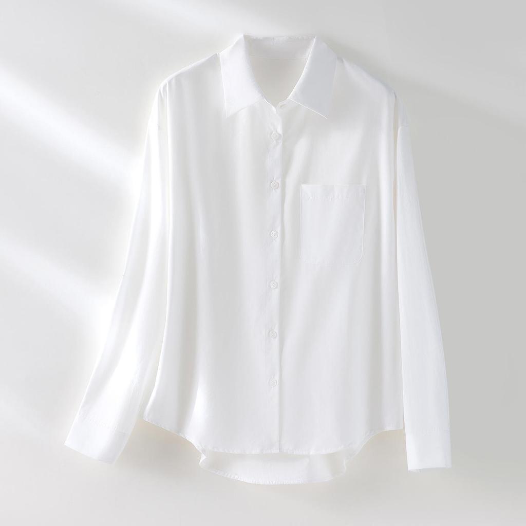 Spring 2026 Women's Versatile Long Sleeve Lapel Shirt - Front Short, Back Long, Loose Fit, Solid Color