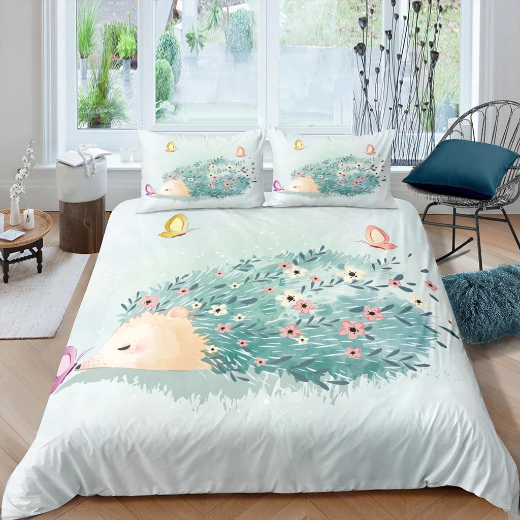 Hedgehog Flower Duvet Cover Lovely Animals for Kids Teens Adults Wildlife Originality Design Room Decor Quilt Cover Child Gifts