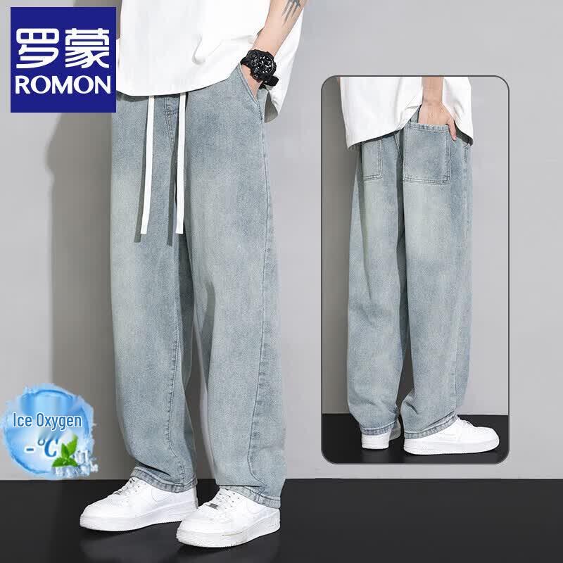 ROMON Men's Elastic Waist Loose Straight Jeans