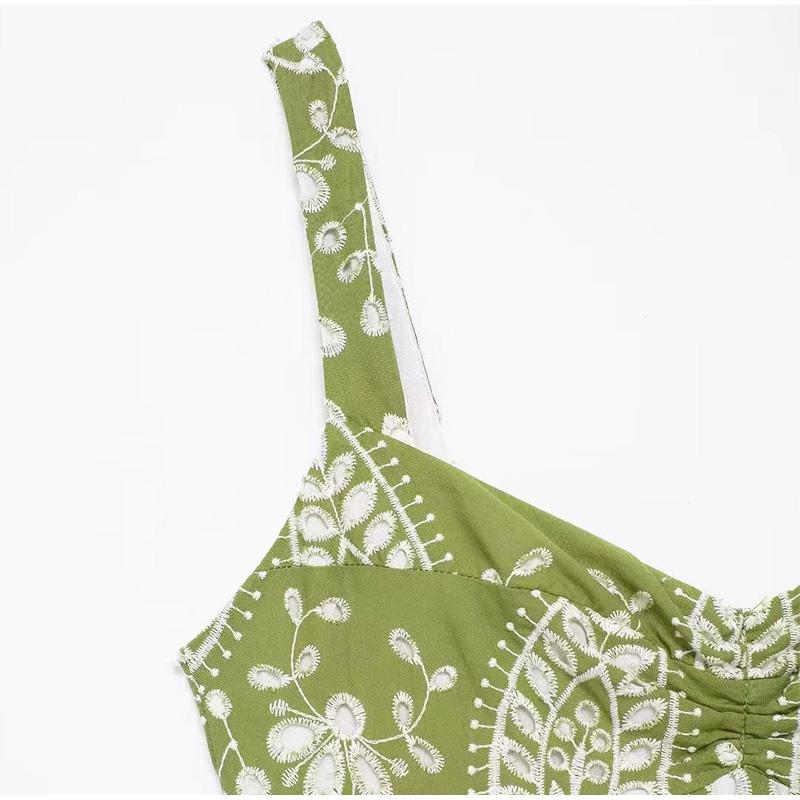 Printed Hollow Out Sling Women Dress Elegant Green Sleeveless Backless High Waist Dresses Female Summer Lady Beach Robe