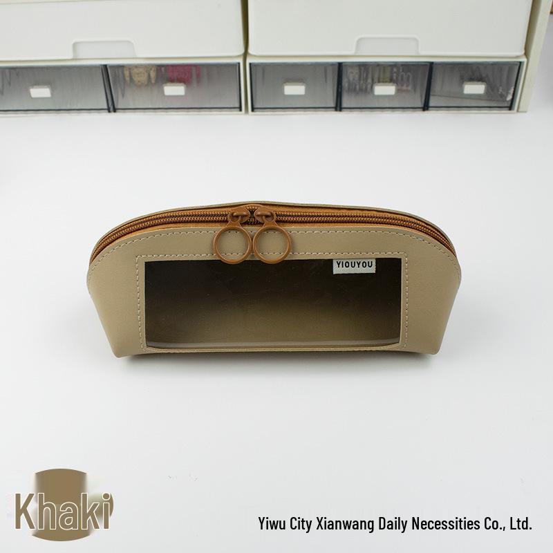Morandi Color Double-Sided Leather Pencil Case with Transparent Window - Cross-Border 2024 Edition