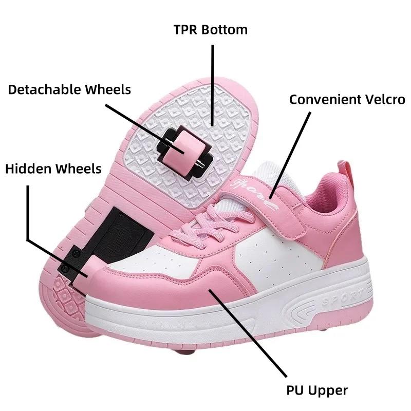 Magic Roller Skates Dual Wheel Slip-on Roller Skating Shoes 2025 New Spring Autumn Leather Surface Sports Shoes For Women Kids