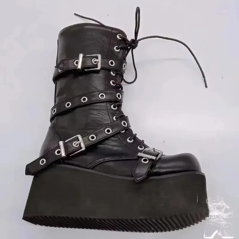 Winter Women's Buckle Boots Round Toe Wedge Side Zip Platform Shoes Gothic Outdoor Leisure Fashion Botas De Invierno Para Mujer