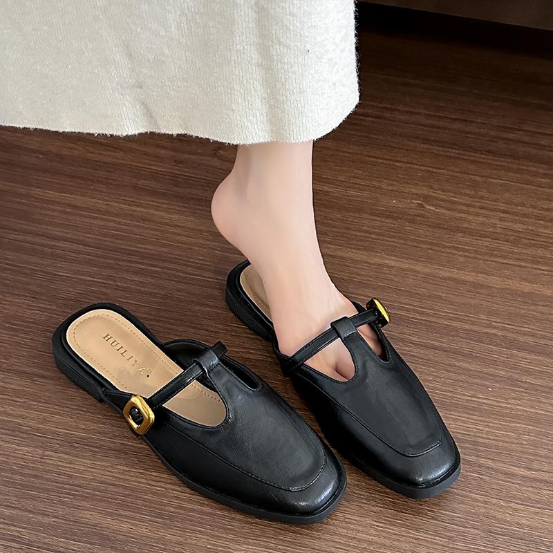 X139-3 French 2025 Summer New T-button Round Head Slippers Low Heel Mary Jane Shoes Comfortable Women's Outer Slippers