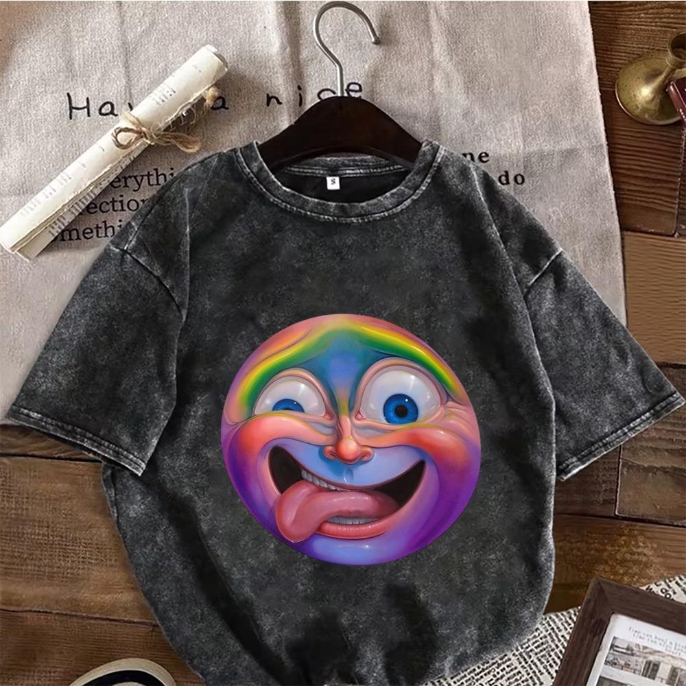 Weirdcore Emoji Face Oversized T-Shirt Washed Cotton Casual Tee Surreal Rainbow Red Smiley Face Graphic Top S