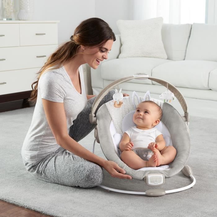 INGENUITY Baby Comfort Bouncer Little Rabbit, Luminous Activity Arch, Removable Reducer Cushion, Baby Christmas Gift