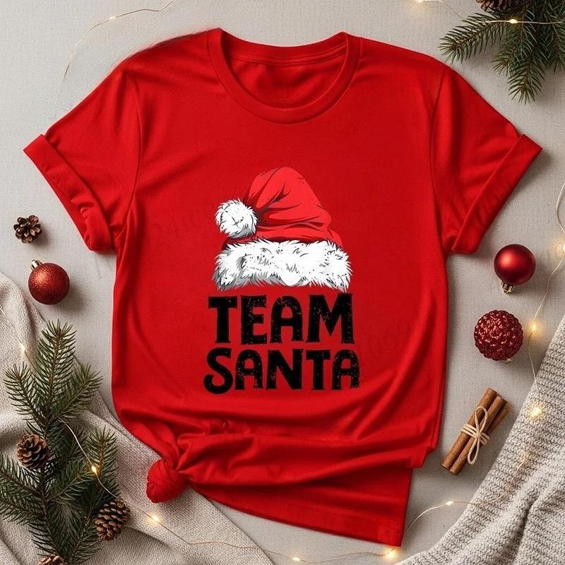 Women's Casual Short Sleeve T-Shirt with Christmas Team Santa Print T-Shirts Round Neck Christmas Party Wear Women's Clothing