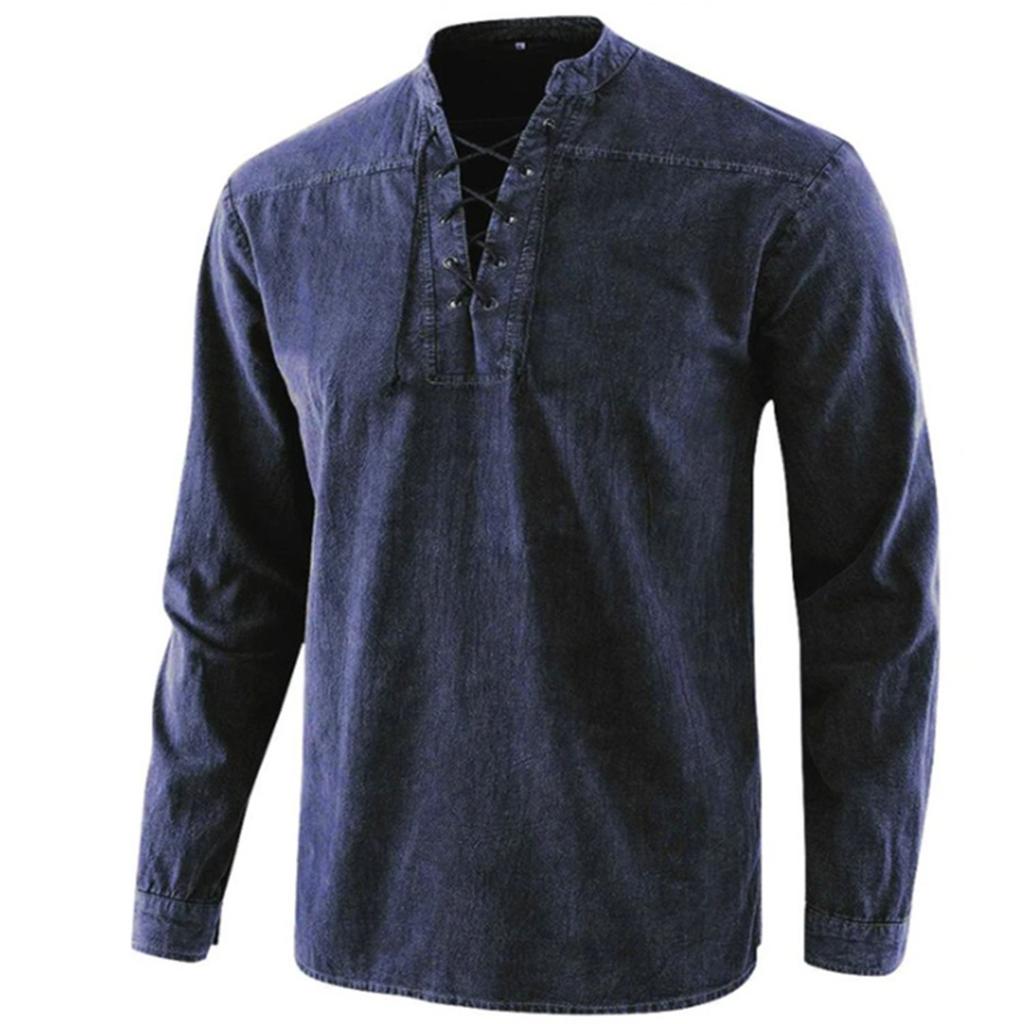 Men's Solid Color Vintage Laced Stand-Collar Loose Casual Shirt