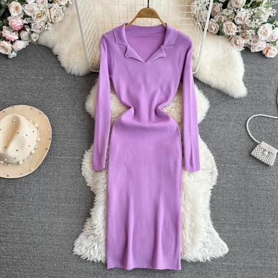 Korean Retro Style Pullover Sweater Dress Women Fashion Solid Turn Down Collar Long Sleeve Slim Fit Autumn Winter Knitted Dress