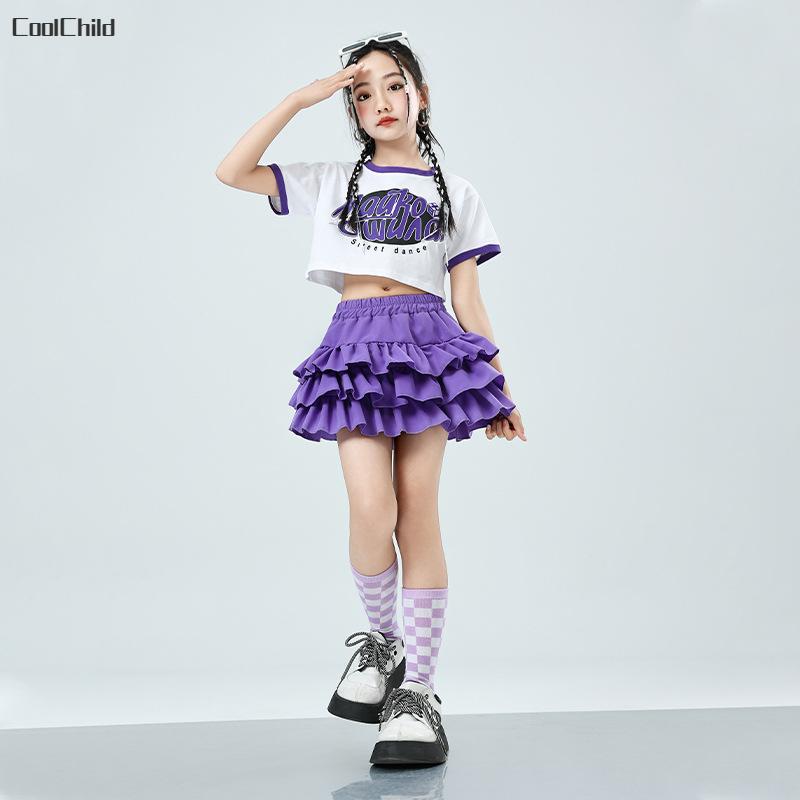 Girls Cute Summer Streetwear Children Hip Hop Crop Top Purple Tiered Skirts Clothes Sets Kids Teens Street Dance Jazz Costumes