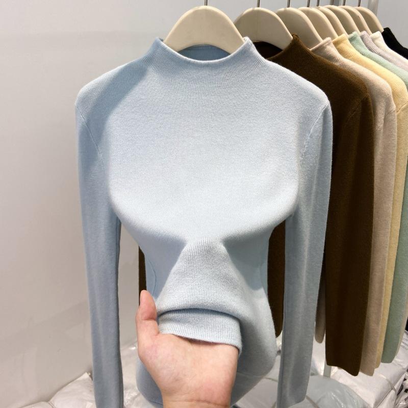 Simple Solid Color Small Stand-up Collar Milk Fufu Versatile Knitted Sweater Spring Soft Waxy Bottoming Shirt Women's Inner Top