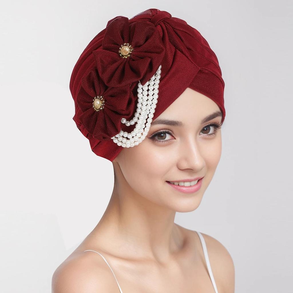 Pearls Beading Turban Cap for Women