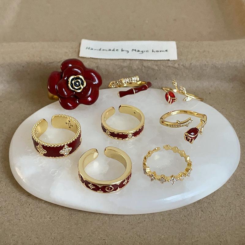 Ankara Red Dripping Oil Flower Opening Ring Female Niche Retro Light Luxury Elegant Fashion Versatile Ring Ring