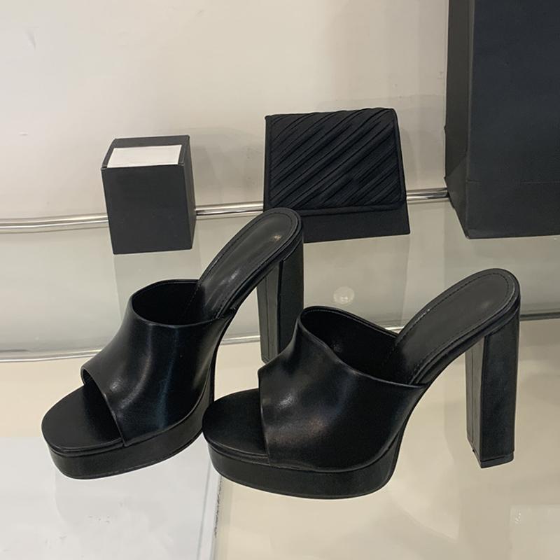 

Summer Cozy PU Leather Women 12CM Slippers Thick Bottom Square Toe Platform High Heels Female Shoes Sandals Black White 36 чорний