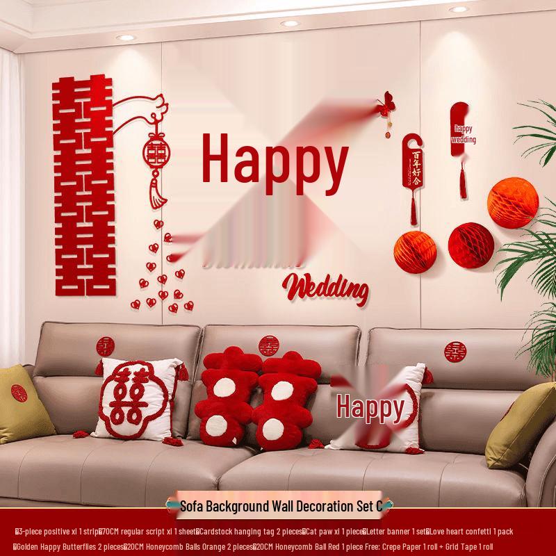 Wedding Garland Set for Living Room, Sofa, and Bedside - Bride & Groom Double Happiness Wall Decoration