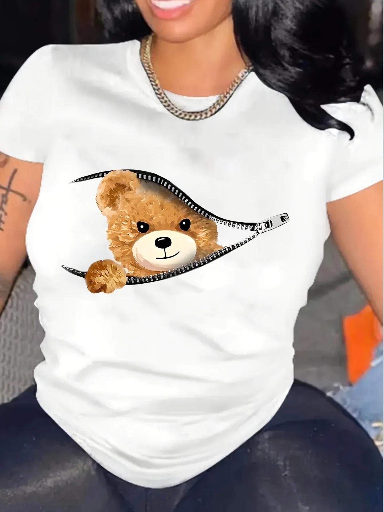 

Women s Cartoon Bear Print T-Shirt - Cute and Comfortable Short Sleeve Crew Neck Top for Spring and Summer 4XL