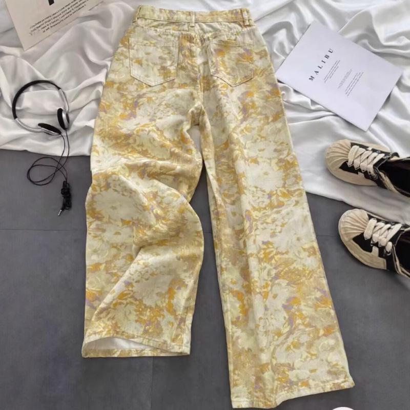 Retro Tie-Dye Floral Denim Jeans: Unisex, Flared, Drapey Straight Wide-Leg, Floor-Length, Spring/Summer 2025, American Design.