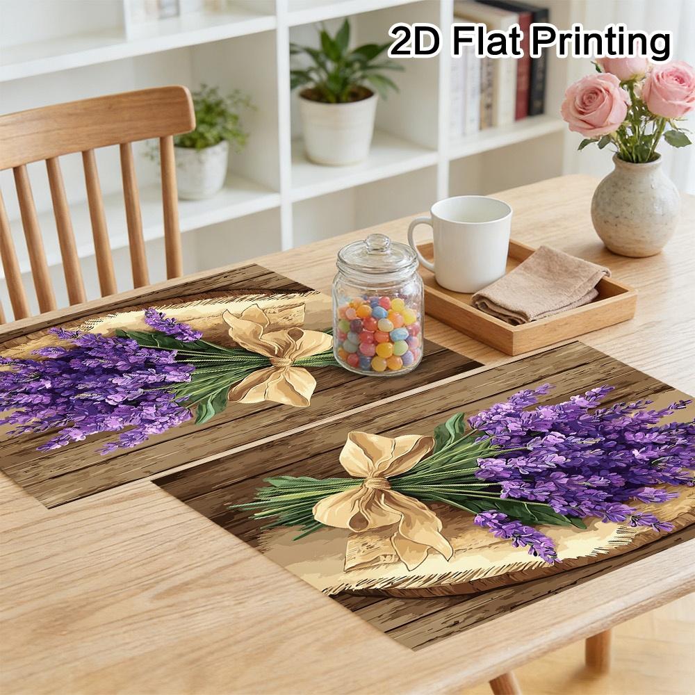 (2D Flat) 4pcs/6pcs Lavender Bouquet On Wood Place Mats, Kitchen Table Mat Sleek Dining Decor, Daily Dine, Kitchen Accent Dinner