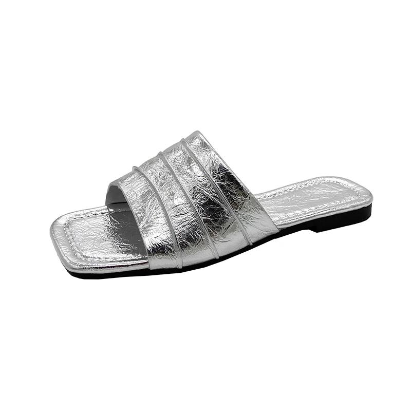

Обувь для женщин 2025 Новые летние уличные лаконичные женские шлепанцы с квадратным носком и открытым носком, повседневные универсальные пляжные шлепанцы для женщин 42 серебряный