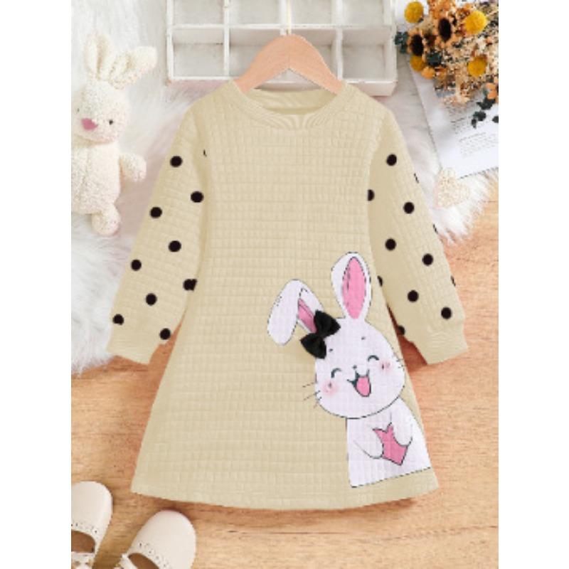 Vestido para Niña con Estampado de Conejito Lindo, Lazo Tridimensional, Cuello Redondo, Manga Larga