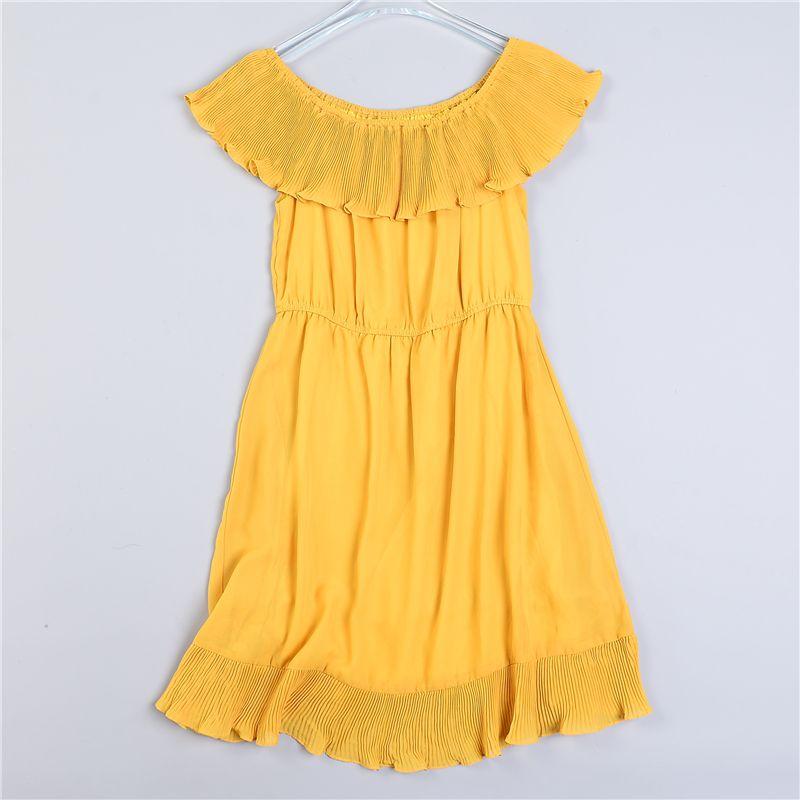 

Милое плиссированное платье с воротником с открытыми плечами 723 L79618 Летнее желтое с оборками, омолаживающее, стройнящее, облегающее талию, с А-образной юбкой 1 Yellow S