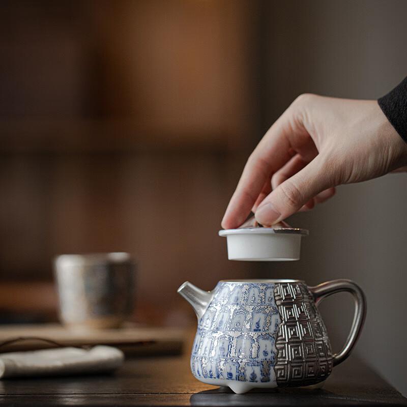 Chaxun Wanfo Huiwen Blue & White Porcelain Gilded Silver Tea Pot