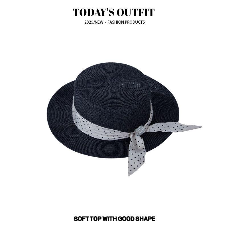 Sommarlov Platt Topp Stråhatt Rutig Rosett Stråhatt Kvinnor Vår Strand Solskyddshatt