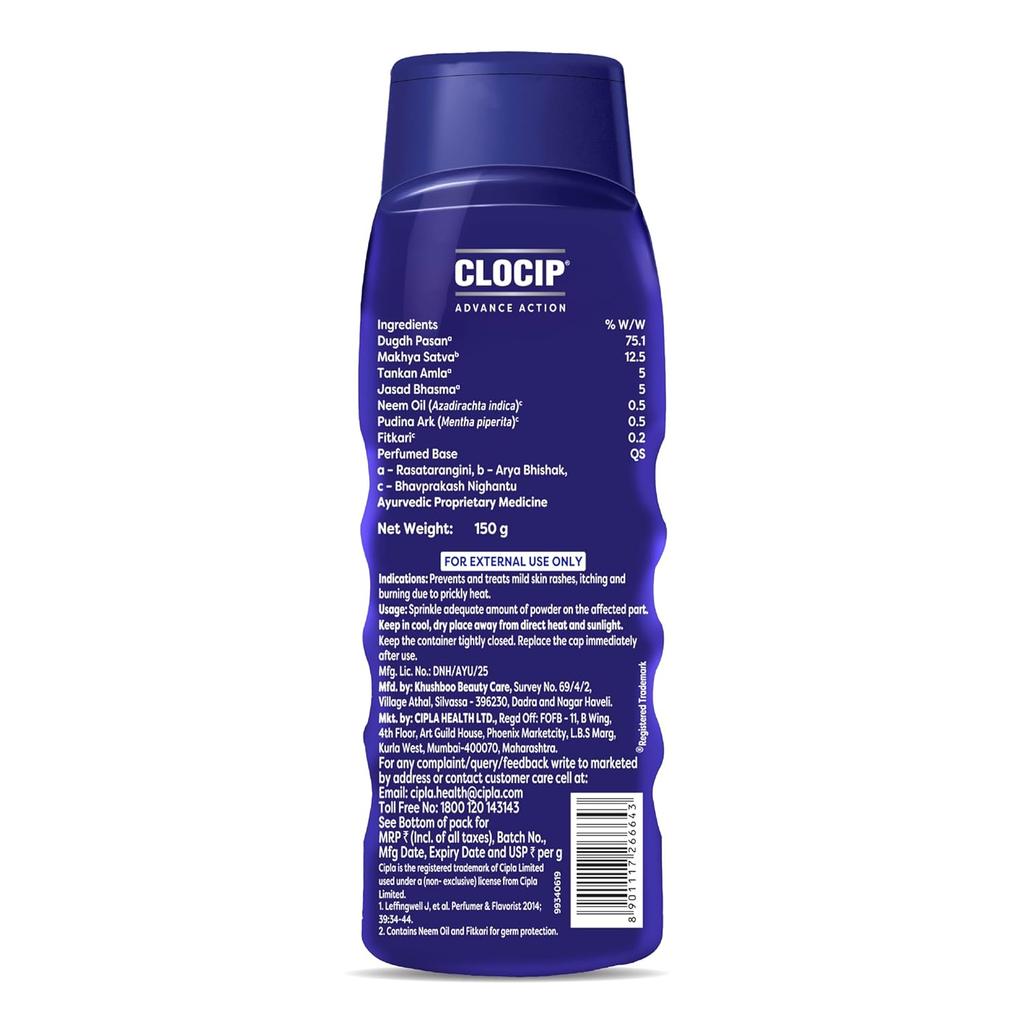 Cipla Clocip Advance Action Prickly Heat Powder 150g Pack of 2 Sweat Control Antiperspirant