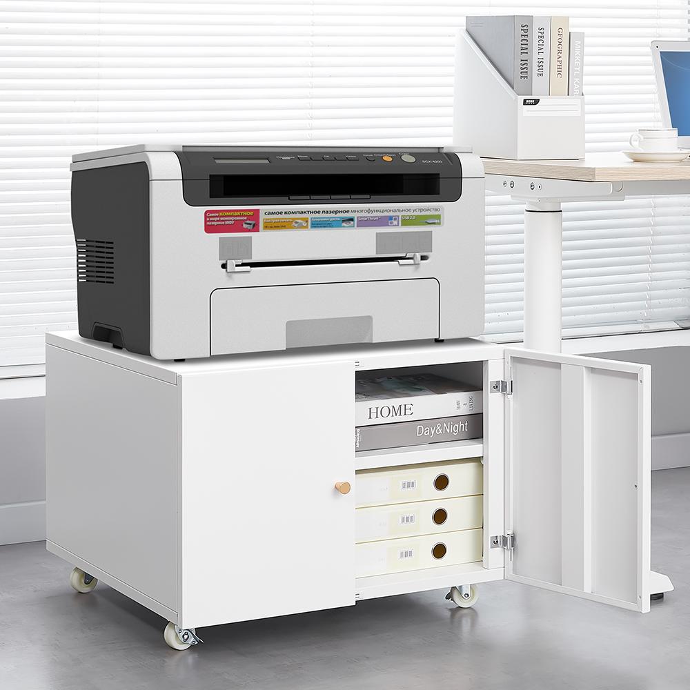 White Mobile Metal Printer Cabinet with Door & Adjustable Shelf, Rolling Storage File Cabinet for Home Office & Small Spaces