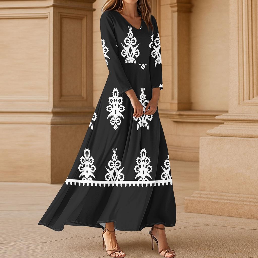 Dresses For Womens Vintage Tunic Waisted Midi Dress Summer Casual 3/4 Sleeve Dress
