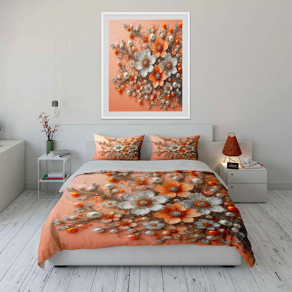 Floral Pearl Gem Art Design Bedding Duvet Cover Set (1*Duvet Cover 2*Pillowcases, Without Duvet Insert)