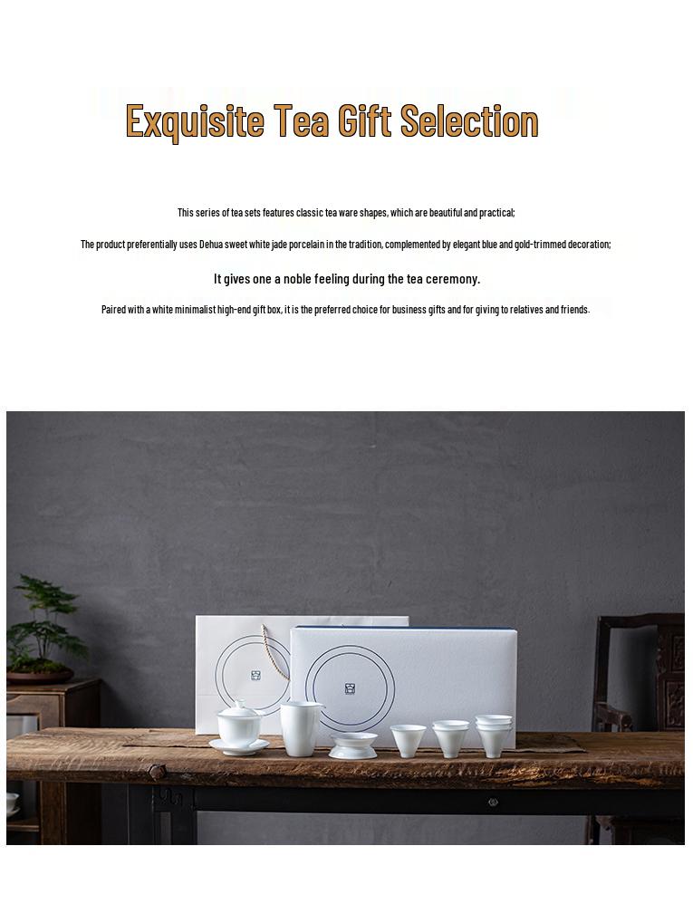 Minimalist White Jade Porcelain Kung Fu Tea Set: Handmade Teacups & Gaiwan Business Gift