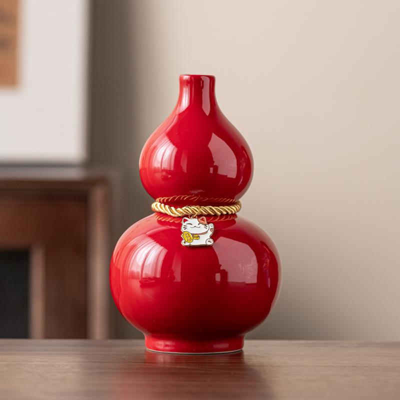 Ceramic Craft Home Living Room Desktop Decoration Ornament Red Vase Creative Wedding Blessing Decoration Bottle Ornament Gift