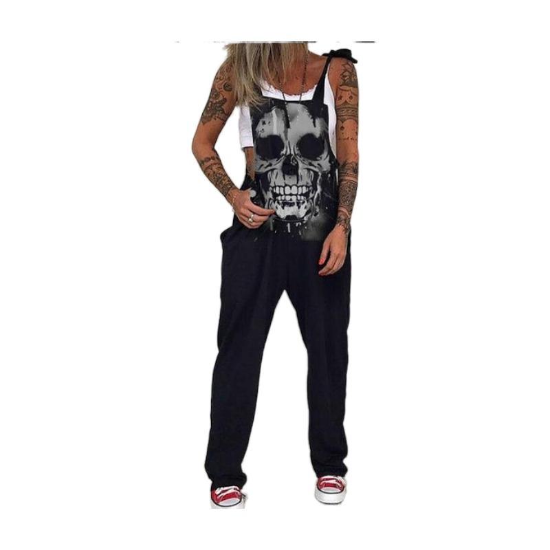 Mono Estampado Calavera Crisantemo Babero Pantalones Pantalones Largos
