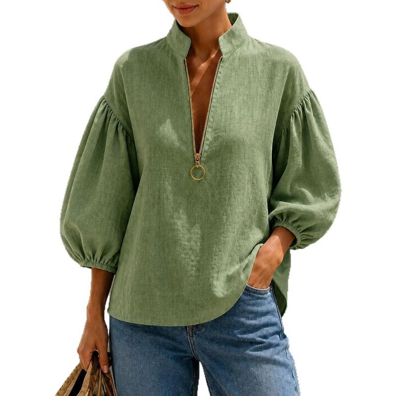 Women S V Neck Lantern Sleeve Loose Fit Solid Color Casual Shirt