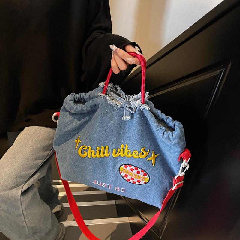 Tote Bag Women's Autumn and Winter New Vintage Design Denim Handbag Student Large Capacity Embroidered Letter Crossbody Bag