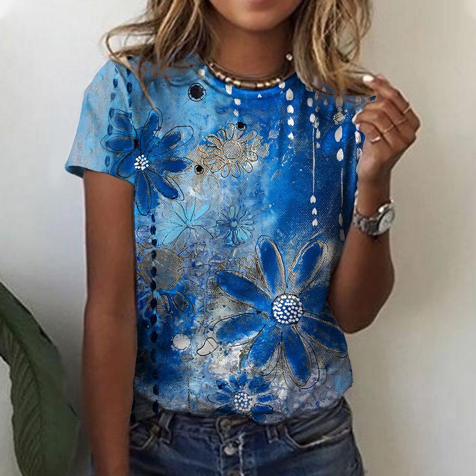 Women's Summer Loose 3D Printed Floral Round Neck Pullover Short Sleeved Top T-shirt
